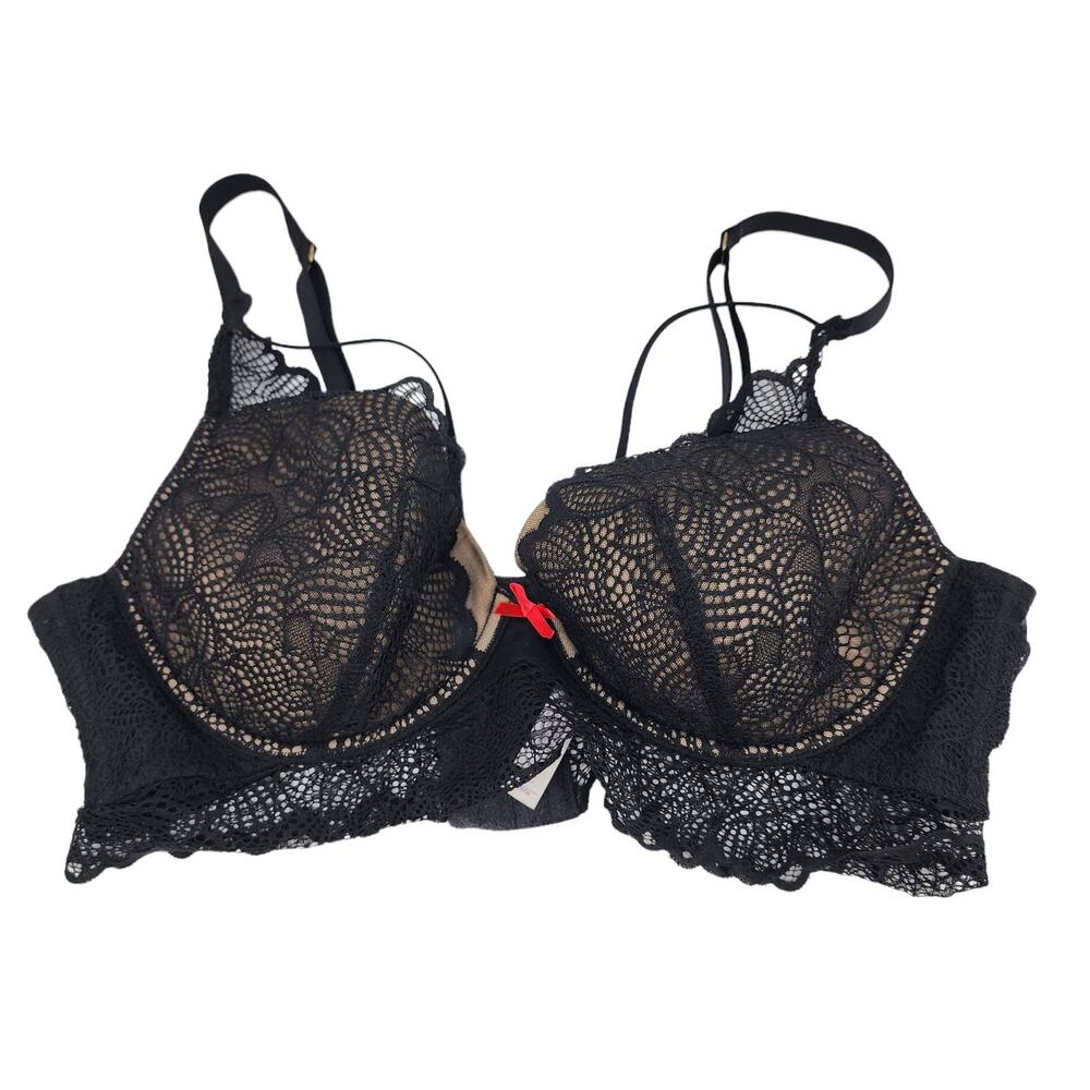 Cacique Black Lace Lightly Lined Underwire Plunge Bra Size 42C